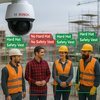A construction site where four workers are standing, 3 marked in green as they have put-on all safety gears, while one workers is marked in red as he is not complying with the safety gears