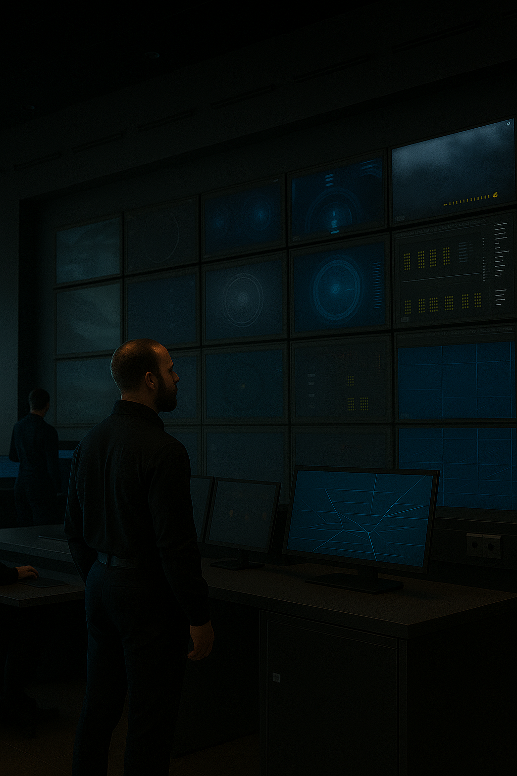 An Advanced Surveillance Room with security officials are checking footages from all CCTV Cameras