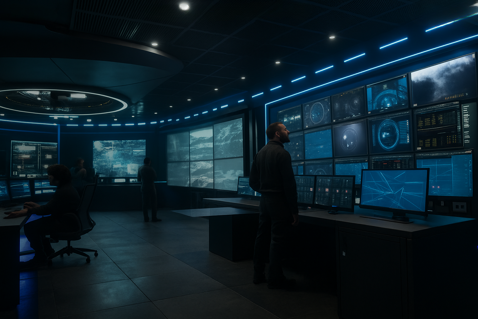 An Advanced Surveillance Room with security officials are checking footages from all CCTV Cameras