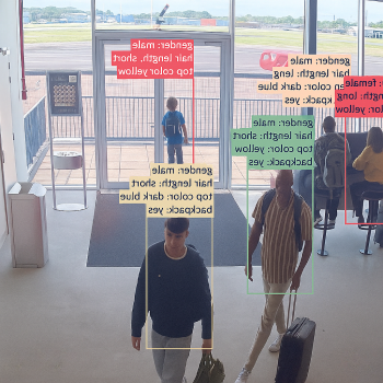 A building entry point where Bosch CCTV camera AI video analytics is identifying minute details about people visiting, like cloths, backpack, hair colour etc.